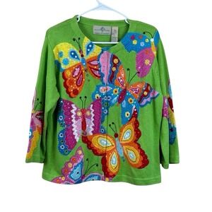 Design Options By Philip Jane Gordon Green Butterfly Cardigan EUC Large Cheerful